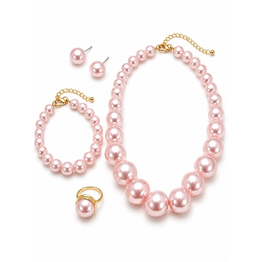 Pink Freshwater AAA Pearl Jewelry Set Necklace Bracelet Earrings Ring Chunky